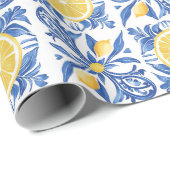 Blaues Mittelmeer-Zitronenmuster Geschenkpapier (Rolleneckpunkt)