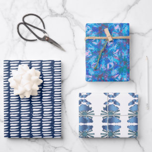 Blaues, modernes Abstraktes Wasserfarbmuster Geschenkpapier Set