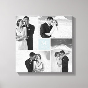 Blaues modernes Gitter-Monogramm-Hochzeit 4-Foto-C Leinwanddruck