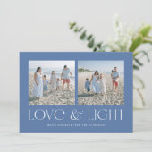 Blaues modernes Hanukkah Liebe & Licht 2-Foto Feiertagskarte (Stehend Vorderseite)