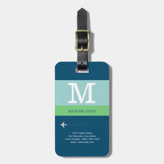 Blaues, modernes Reisemonogramm Gepäckanhänger (Vorderseite vertikal)