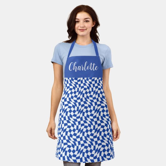 Blaues modernes Retro-Swirls-Karo mit individuelle Schürze (Getragen)