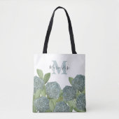 Blaues Monogramm Botanisches Floral Hydrangea Tasche (Vorderseite)