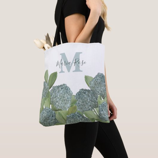 Blaues Monogramm Botanisches Floral Hydrangea Tasche (Von Nahem)