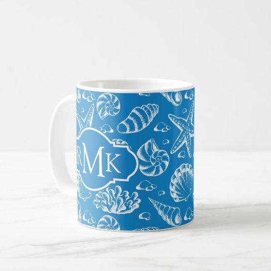 Blaues Monogramm des Strand-Muster-| Kaffeetasse (Vorderseite Links)