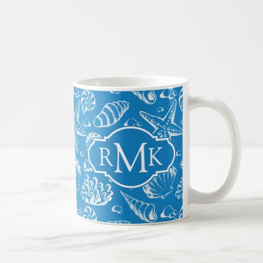 Blaues Monogramm des Strand-Muster-| Kaffeetasse (Rechts)