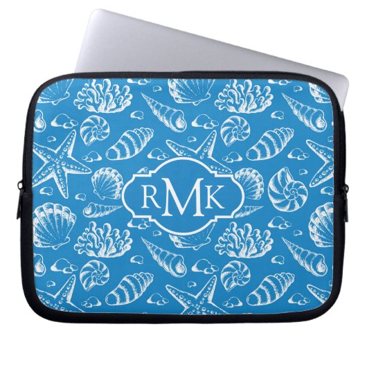 Blaues Monogramm des Strand-Muster-| Laptopschutzhülle (Vorderseite)