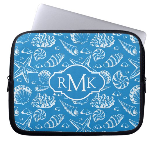Blaues Monogramm des Strand-Muster-| Laptopschutzhülle (Vorderseite)