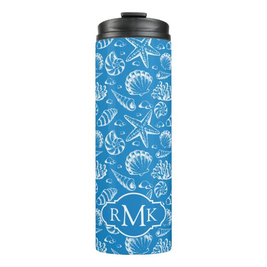 Blaues Monogramm des Strand-Muster-| Thermosbecher (Vorderseite)