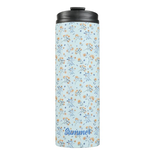 Blaues Monogramm florales Muster Thermosbecher (Vorderseite)