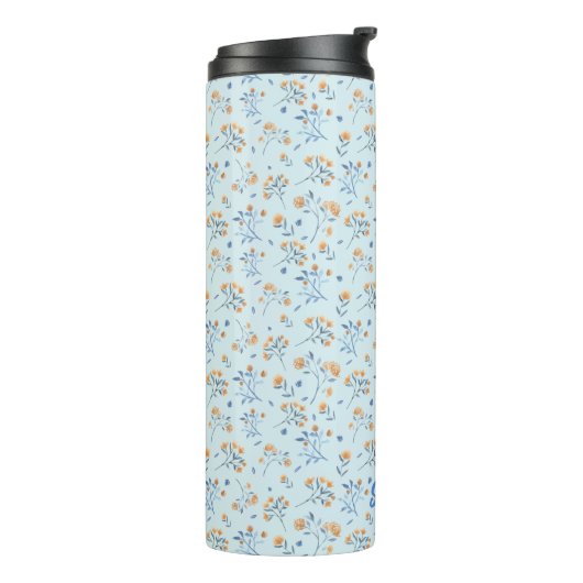 Blaues Monogramm florales Muster Thermosbecher (Nach links gedreht)