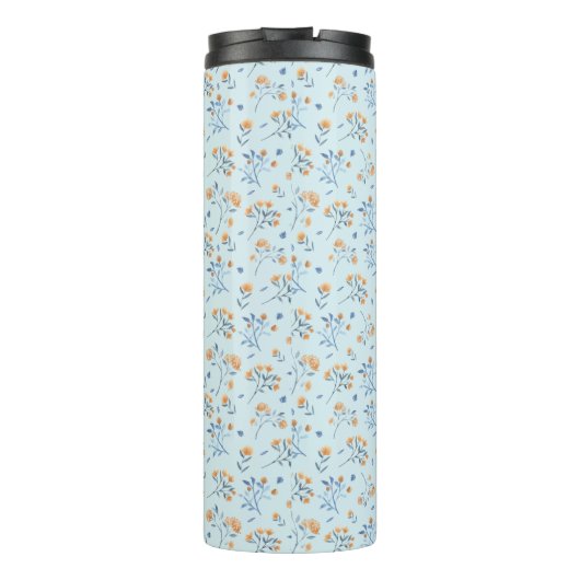 Blaues Monogramm florales Muster Thermosbecher (Rückseite)