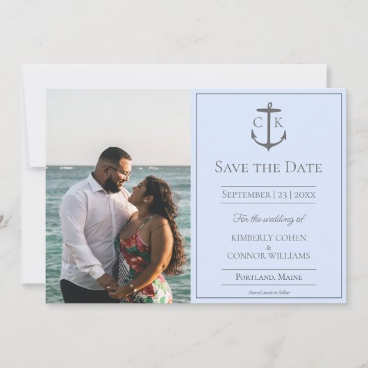 Blaues Monogramm-Foto Save the Date (Vorderseite)