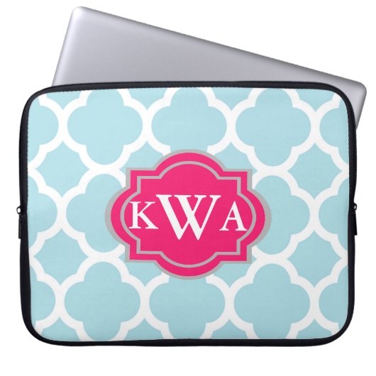 Blaues Monogramm marokkanisches Quatrefolienmuster Laptopschutzhülle (Vorderseite)