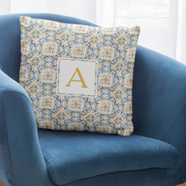 Blaues Monogramm-Muster Kissen (Blue Pattern Monogram Throw Pillow
)