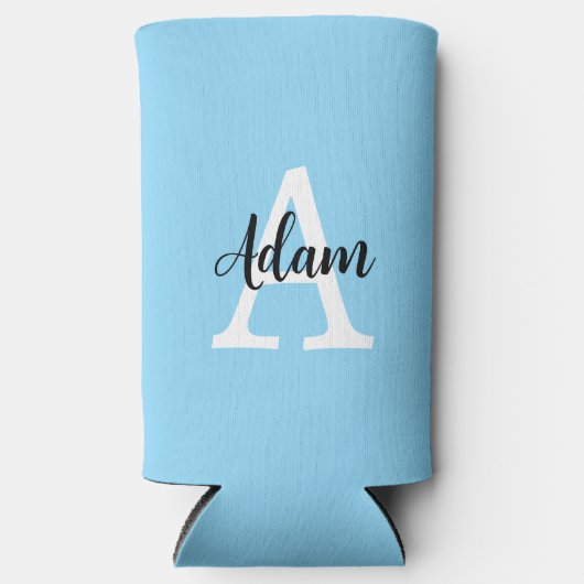Blaues Monogramm-Name-Script Personalisiertes Desi Selters Dosenkühler (Vorderseite)