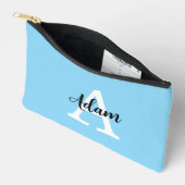 Blaues Monogramm-Name-Skript Personalisiertes Desi Zubehörtasche (Offen)