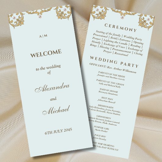 Blaues Monogramm-Perlen-Hochzeitsprogramm im Vinta Programm