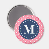 Blaues Monogramm Pink Polka Dots Muster Magnet (Vorderseite/Rückseite)