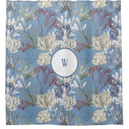 Blaues Monogramm unter den Meereskorallen Duschvorhang