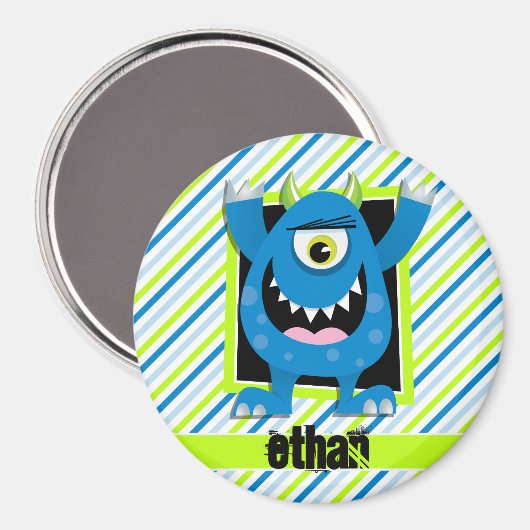Blaues Monster; neongrüne, weiße Streifen Magnet (Vorderseite/Rückseite)