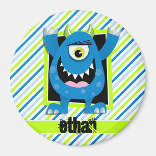 Blaues Monster; neongrüne, weiße Streifen Magnet