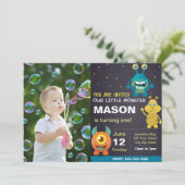 Blaues Monster zum Geburtstag Einladung mit Foto (Stehend Vorderseite)