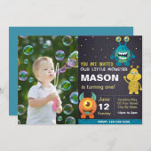 Blaues Monster zum Geburtstag Einladung mit Foto (Vorne/Hinten)