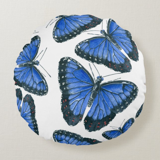 Blaues Morphon-Schmetterling-Muster Rundes Kissen (Vorderseite)