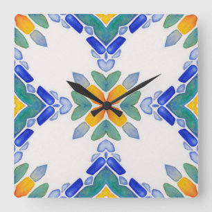 Blaues Mosaikfliesen Quadratische Wanduhr
