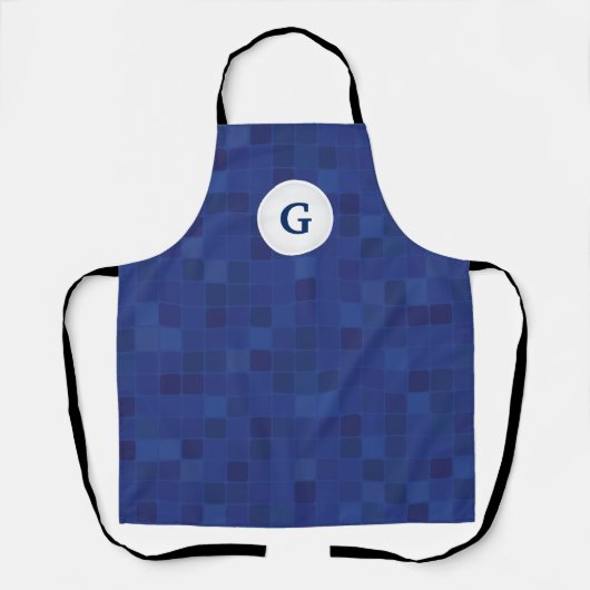 Blaues Mosaikpixelmuster personalisiertes Monogram Schürze (Vorderseite)