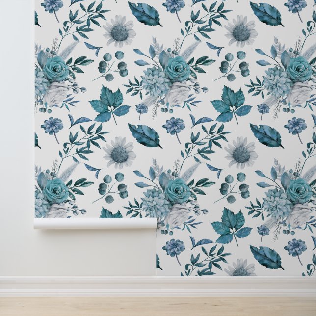 Blaues Muster von Blumen und Blättern Tapete (Anwendung)