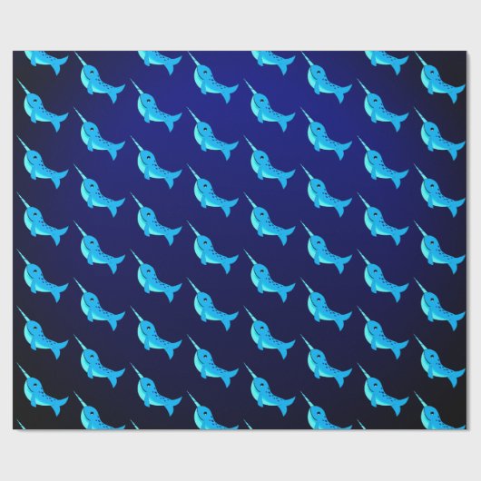 Blaues Narwal-Muster des Cartoon auf Navy Blue Geschenkpapier (Flach)