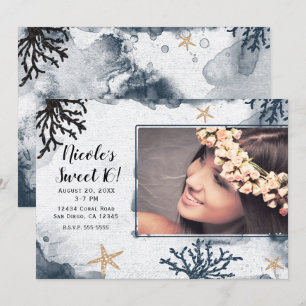 Blaues nautisches Korallen-Aquarell-Sweet-16-Foto Einladung