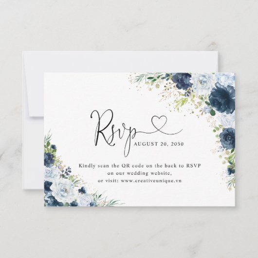 Blaues Navy-Blumen-Hochzeitswebsite QR-Code RSVP Karte (Vorderseite)