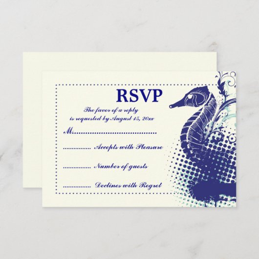 Blaues Navy-Seepferd auf Elfenbeinsommerhochzeit R RSVP Karte (Vorne/Hinten)