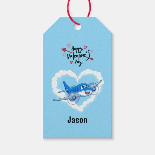 Blaues Niedliches Flugzeug & Wolken, Kids Valentin Geschenkanhänger (Vorderseite)