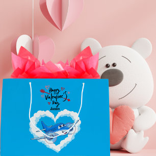 Blaues Niedliches Flugzeug & Wolken, Kids Valentin Große Geschenktüte