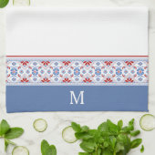 Blaues Nordic Blume Muster Monogramm Geschirrtuch (Gefaltet)