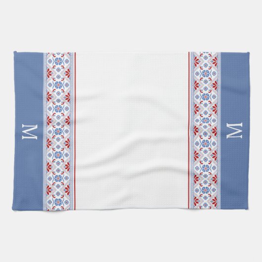 Blaues Nordic Blume Muster Monogramm Geschirrtuch (Horizontal)