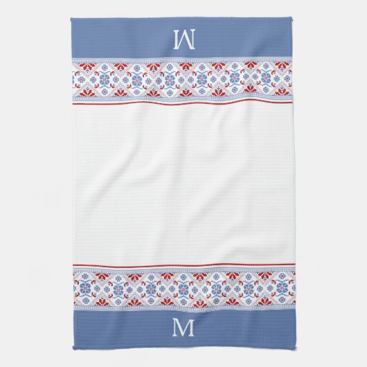 Blaues Nordic Blume Muster Monogramm Geschirrtuch (Vertikal)