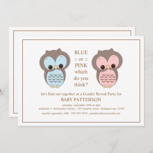 Blaues oder rosa Eulen-Baby-Geschlecht decken Einladung (Vorne/Hinten)