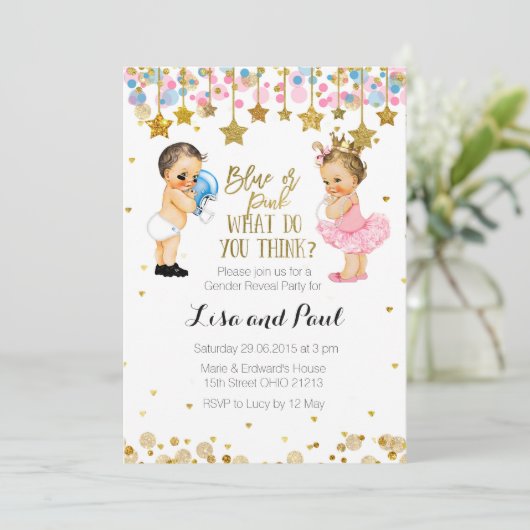 Blaues oder rosa Geschlecht decken Einladung auf (Stehend Vorderseite)