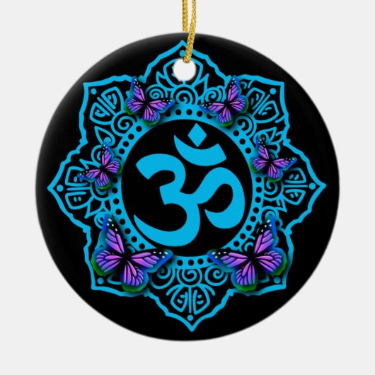 Blaues Ohr-Mandala-Design mit lila Schmetterlingen Keramik Ornament (Vorne)