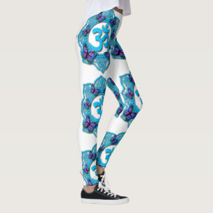 Blaues Ohr-Mandala-Design mit lila Schmetterlingen Leggings