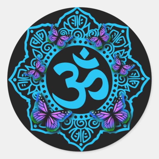 Blaues Ohr-Mandala-Design mit lila Schmetterlingen Runder Aufkleber (Vorderseite)