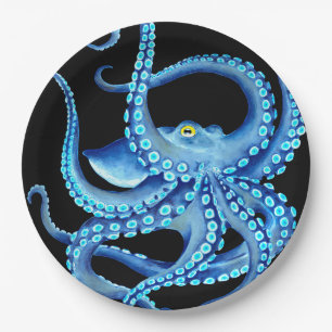Blaues Oktopus Schwarz Pappteller