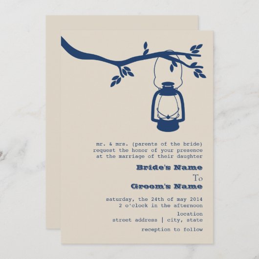 Blaues Öl Laternenfrucht / Camping Hochzeit Einladung (Vorne/Hinten)