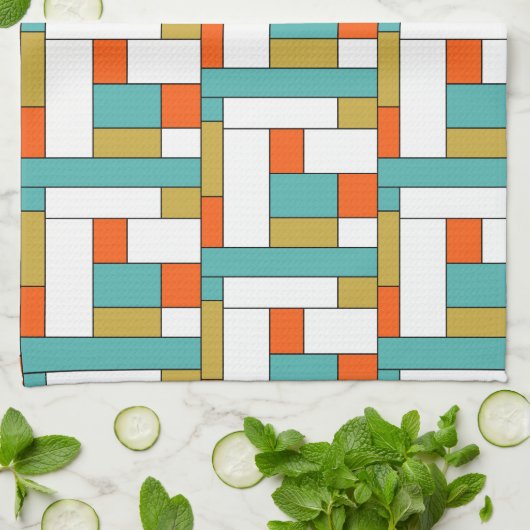 Blaues Orange Gold Retro Farbblockmuster Geschirrtuch (Gefaltet)