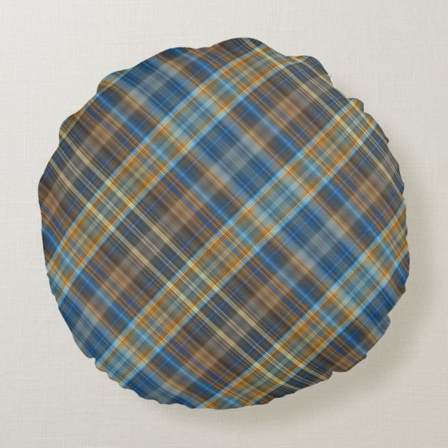 Blaues orange kariertes rundes kissen (Rückseite)